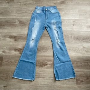 Blue High Waist Denim Distressed Flare Leg Jeans Sz S